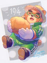 Rule 34 | 1boy, animal ears, artist name, bad id, bad twitter id, bandaid, bandaid on face, bear boy, bear ears, bear tail, boots, closed eyes, dated, fang, fang out, food, full body, furry, furry male, glasses, gloves, green-framed eyewear, green jacket, green pants, grey background, hat, highres, holding, holding food, holding pumpkin, holding vegetable, jacket, male focus, open mouth, pants, pumpkin, ragun (lagoon bluebear), signature, smile, solo, straw hat, tail, thick eyebrows, tokyo houkago summoners, twitter username, vegetable, volos (housamo), white gloves