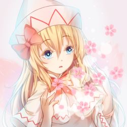 Rule 34 | 1girl, blonde hair, blue eyes, bow, bowtie, capelet, commentary request, dress, fairy, fairy wings, flower, hat, hat bow, highres, lily white, long hair, long sleeves, minuo, pink flower, red bow, red bowtie, sidelocks, touhou, upper body, white capelet, white dress, white footwear, white headwear, wide sleeves, wings