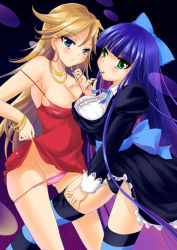 Rule 34 | 10s, 2girls, blue eyes, bracelet, breasts, cleavage, dress, fork, green eyes, hair ribbon, himeno komomo, jewelry, multiple girls, necklace, panties, panty &amp; stocking with garterbelt, panty (psg), panty pull, pantyshot, pink panties, red dress, ribbon, stocking (psg), striped clothes, striped legwear, striped thighhighs, thighhighs, underwear