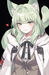 Rule 34 | 1girl, animal ear fluff, animal ears, arknights, black background, black bow, black bowtie, blush, bow, bowtie, brown cardigan, buttons, cardigan, cat ears, cat girl, cat tail, collared shirt, commentary, green eyes, harmonie (arknights), heart, highres, hood, hooded jacket, hyeroin, jacket, jacket on shoulders, light green hair, looking at viewer, open clothes, open jacket, shirt, short hair, sidelocks, simple background, smile, solo, tail, upper body, white jacket, white shirt