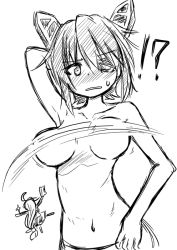 Rule 34 | !?, 10s, 2girls, arm up, bare shoulders, bikini, bikini bottom only, blush, breasts, clothes theft, eyepatch, greyscale, hair ornament, ichimi, kantai collection, large breasts, long hair, monochrome, multiple girls, navel, open mouth, short hair, swimsuit, tenryuu (kancolle), theft, topless, underwear, underwear theft, uzuki (kancolle), very long hair