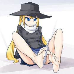 Rule 34 | 1girl, arm support, barefoot, blonde hair, blue eyes, feet, foot focus, hat, highres, long hair, parted lips, pop&#039;n music, ranma (pop&#039;n music), scarf, sitting, soles, toes, twintails, white scarf