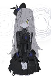Rule 34 | 1girl, @ @, absurdres, animal hands, black bow, black dress, blunt bangs, blush, boutonniere, bow, braid, claws, closed mouth, corset, dress, floppy ears, frilled dress, frills, frown, furry, furry female, grey hair, hair bow, hair ornament, hair over one eye, head chain, highres, jewelry, lace sleeves, long hair, long sleeves, looking at viewer, necklace, original, own hands clasped, own hands together, oyasu miyo (vreparty), rabbit hair ornament, see-through, see-through sleeves, short dress, side braid, solo, standing, v arms, vreparty, white background, yellow eyes