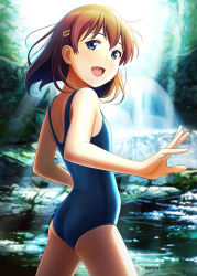 Rule 34 | 1girl, :d, ass, backlighting, bad id, bad twitter id, bare arms, bare shoulders, blue eyes, blue one-piece swimsuit, blurry, blurry background, brown hair, character request, commentary request, competition school swimsuit, cowboy shot, day, depth of field, flat chest, forest, from side, hair ornament, hairclip, hiyori mizuki, long hair, looking at viewer, nature, old school swimsuit, one-piece swimsuit, open mouth, outdoors, river, school swimsuit, short hair, smile, solo, standing, sukumizu syndrome, swimsuit, tree, water, waterfall