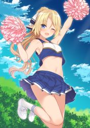 Rule 34 | 1girl, ;d, armpits, arms up, bare shoulders, blonde hair, blue eyes, blue skirt, blue sky, bow, breasts, cheerleader, cloud, commentary request, crop top, day, elf, from below, hair bow, highres, iris (takunomi), jumping, kneehighs, long hair, looking at viewer, miniskirt, navel, one eye closed, open mouth, original, outdoors, pleated skirt, pointy ears, pom pom (cheerleading), shoes, sideboob, skirt, sky, sleeveless, small breasts, smile, sneakers, socks, solo, stomach, swept bangs, takunomi, white bow, white footwear, white socks