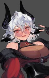 Rule 34 | 1girl, bare shoulders, black gloves, black horns, blush, bodystocking, breasts, character request, cleavage, commentary request, curly hair, eus ing, glasses, gloves, highres, horns, large breasts, looking at viewer, original, pink eyes, puffy sleeves, smile, solo, star ornament, v, zipper