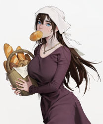 Rule 34 | 1girl, baguette, basket, blue eyes, bread, bread slice, breasts, brown hair, collarbone, commentary, cowboy shot, dongho kang, dress, fingernails, food, food in mouth, hair between eyes, highres, holding, holding basket, jewelry, large breasts, long hair, looking at viewer, mouth hold, necklace, original, red dress, solo, toast, toast in mouth, white headwear