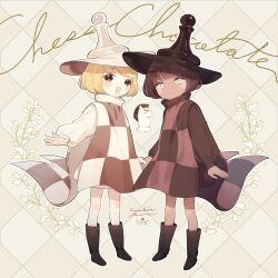 Rule 34 | 2boys, argyle, argyle background, argyle clothes, black dress, black eyes, black footwear, black headwear, black sleeves, blonde hair, blunt bangs, blush stickers, boots, brown hair, brown headwear, character name, checkered clothes, checkered dress, chess choco cookie, chess piece, closed mouth, conago, cookie run, copyright name, dark skin, dress, eyelashes, fingernails, flower, hat, holding hands, humanization, light frown, long sleeves, looking at viewer, male focus, multiple boys, open mouth, pink dress, puffy long sleeves, puffy sleeves, short dress, short hair, smile, turtleneck, turtleneck dress, two-sided fabric, two-sided headwear, two-tone dress, white background, white dress, white eyes, white flower, white headwear, white sleeves