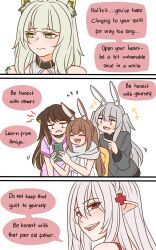 Rule 34 | +++, 5girls, :d, ^ ^, amiya (arknights), animal ear fluff, animal ears, arknights, bare shoulders, blonde hair, blush, braid, brown hair, chair, closed eyes, comic, crown braid, english text, fangs, flying sweatdrops, folinic (arknights), grey hair, grey scarf, grey sweater, guin guin, hair between eyes, highres, kal&#039;tsit (arknights), lightning bolt symbol, long sleeves, multicolored hair, multiple girls, office chair, on chair, open mouth, pink shirt, pointy ears, ponytail, rabbit ears, red eyes, savage (arknights), scarf, shirt, short sleeves, sitting, sleeveless, sleeveless shirt, smile, streaked hair, sweater, swivel chair, two side up, warfarin (arknights), white shirt