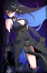 Rule 34 | alternate costume, alternate ears, asymmetrical horns, black hair, blue hair, breasts, colored inner hair, demon horns, hair ornament, highres, hololive, hololive english, horns, joeboto, large breasts, long hair, looking at viewer, mole, mole under eye, multicolored hair, nerissa ravencroft, pointy ears, red eyes, two-tone hair, uneven horns, very long hair, virtual youtuber