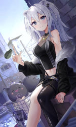 Rule 34 | 1girl, ahoge, animal ears, bare shoulders, black jacket, black pantyhose, black shirt, black skirt, blush, box, breasts, brick wall, cleavage, closed mouth, crate, crop top, ear piercing, explosive, feet out of frame, fur-trimmed jacket, fur trim, grenade, grey eyes, grey hair, hair between eyes, highres, hololive, jacket, jewelry, large breasts, lion ears, lion tail, long hair, looking at viewer, messy hair, midori matsukaze, midriff, miniskirt, navel, necklace, o-ring, o-ring thigh strap, off shoulder, on box, pantyhose, piercing, see-through, see-through cleavage, shirt, shishiro botan, shishiro botan (1st costume), side slit, sidelocks, single leg pantyhose, sitting, skin tight, skirt, sleeveless, sleeveless shirt, smile, solo, ssrb (shishiro botan), tail, thigh strap, torn clothes, torn pantyhose, two side up, virtual youtuber, zipper skirt