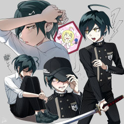 Rule 34 | !, 1boy, 1girl, adjusting clothes, adjusting hair, adjusting headwear, ahoge, akamatsu kaede, bad id, bad twitter id, black hair, black headwear, blonde hair, blue flower, blue rose, blush, bow, brown eyes, buttons, commentary request, cropped shoulders, danganronpa (series), danganronpa v3: killing harmony, double-breasted, feet out of frame, flower, fortissimo, grey background, hair between eyes, hair ornament, hairclip, haji (hajimaji), hand up, hands up, hat, highres, holding, hugging own legs, jacket, katana, long sleeves, lower teeth only, male focus, multiple views, musical note, musical note hair ornament, open mouth, pants, red bow, rose, saihara shuichi, shirt, short hair, simple background, striped clothes, striped jacket, striped pants, sword, teeth, tying hair, weapon, white shirt