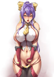 Rule 34 | 1girl, antenna hair, areola slip, bare shoulders, black pants, blazblue, blue hair, blush, bow, breasts, clothes pull, covered erect nipples, covering privates, covering crotch, cowboy shot, female masturbation, fingering, fingerless gloves, genderswap, genderswap (mtf), gloves, gluteal fold, grabbing own breast, groin, hair between eyes, hair bow, hair ribbon, half-closed eyes, halterneck, highres, large breasts, long hair, looking at viewer, lowleg, lowleg pants, mai natsume, masturbation, midriff, navel, no bra, no panties, open mouth, orange eyes, packge, pants, pants pull, partially visible vulva, ponytail, purple eyes, purple hair, revealing clothes, ribbon, see-through, shiny skin, sideboob, sidelocks, simple background, skindentation, sleeveless, solo, standing, stomach, thigh gap, thighs, very long hair, weapon, yellow bow