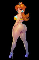 Rule 34 | 1girl, absurdres, ass, blue eyes, breasts, brown hair, curvy, freckles, full lips, high heels, highres, huge ass, large breasts, lingerie, lips, looking at viewer, looking back, mario (series), naughty face, nintendo, princess daisy, robaato, super mario bros. 1, thick thighs, thighs, underwear