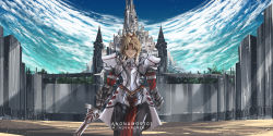 Rule 34 | 1girl, advarcher, armor, blonde hair, castle, clarent (fate), cloud, dirty, fate/grand order, fate (series), gauntlets, green eyes, highres, looking at viewer, mordred (fate), mordred (fate/apocrypha), pauldrons, scenery, shoulder armor, sky, smile, star (sky), starry sky, tree, v-shaped eyebrows, walking, wall