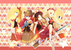 Rule 34 | 10s, 4girls, american flag, arm warmers, blonde hair, blue eyes, boots, bow, brooch, brown eyes, brown hair, brown skirt, cowboy hat, cure art, cure continental, earrings, flower, french flag, fringe trim, hair bow, hair flower, hair ornament, happinesscharge precure!, hat, heart, heart background, heart brooch, hiragi rin, jewelry, knee boots, long hair, magical girl, md5 mismatch, multiple girls, pink bow, pink skirt, precure, profile, red eyes, red hair, red haired cure (bomber girls precure) (happinesscharge precure!), red skirt, resolution mismatch, ringlets, short hair, skirt, smile, source smaller, spanish flag, star (symbol), thighhighs, twintails, union jack, unknown brown-haired cure (happinesscharge precure!), white footwear, white legwear, white skirt