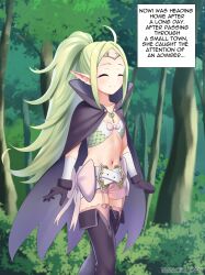 Rule 34 | 1girl, absurdres, ahoge, belt, blush, boots, bow, breasts, cape, circlet, closed eyes, closed mouth, collarbone, commentary, commission, english commentary, english text, feet out of frame, fire emblem, fire emblem awakening, forehead, forest, gloves, green hair, highres, long hair, maozi dan, nature, navel, nintendo, nowi (fire emblem), outdoors, pink bow, pink shorts, pink thighhighs, pointy ears, ponytail, purple cape, purple footwear, purple gloves, short shorts, shorts, sidelocks, small breasts, smile, solo, standing, stomach, thigh boots, thighhighs, tree, twitter username, variant set, very long hair, white belt