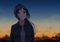 Rule 34 | 1girl, bad id, bad pixiv id, blue sky, blush, breast pocket, buttons, city lights, denim, denim jacket, earphones, evening, jacket, lips, long hair, looking afar, looking away, love live!, love live! sunshine!!, matsuura kanan, open clothes, open jacket, outdoors, papi (papiron100), parted bangs, parted lips, pocket, ponytail, purple eyes, purple hair, shirt, sky, solo, tareme, unbuttoned, white shirt