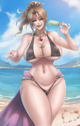 Rule 34 | 1girl, beach, bikini, blonde hair, breasts, christina (princess connect!), cleavage, covered erect nipples, curvy, eyeliner, eyeshadow, female focus, food, highres, huge breasts, ice cream, looking at viewer, makeup, nail polish, narrow waist, navel, ocean, okai, open mouth, ponytail, princess connect!, sexually suggestive, shiny skin, sidelocks, sitting, skindentation, smile, solo, strap pull, string bikini, swimsuit, teeth, thick thighs, thighs, tongue, wavy hair, wide hips, yellow eyes