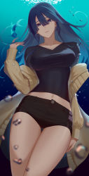 Rule 34 | 1girl, absurdres, aoe nagi, black shirt, blue eyes, blue hair, breasts, bubble, collarbone, cowboy shot, hair between eyes, highres, jacket, large breasts, light smile, long hair, long sleeves, looking at viewer, midriff, navel, open clothes, open jacket, parted lips, shenxiu, shirt, short shorts, shorts, shounen no abyss, solo, thighs, underwater