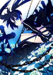 Rule 34 | 10s, 1girl, absurdres, bad id, bad pixiv id, black hair, black rock shooter, black rock shooter (character), blue eyes, boots, chain, coat, cross, female focus, flower, glowing, glowing eyes, highres, long hair, looking back, pale skin, rugo, shorts, sitting, solo, twintails