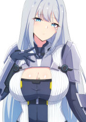 Rule 34 | 1girl, absurdres, black gloves, blue eyes, breast tattoo, breasts, cleavage, closed mouth, commentary, ethel (xenoblade), gloves, hand on own chest, highres, large breasts, latte, long hair, looking at viewer, simple background, solo, tattoo, upper body, white background, white hair, xenoblade chronicles (series), xenoblade chronicles 3