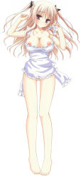 Rule 34 | 1girl, apron, bare legs, bare shoulders, barefoot, blonde hair, bra-ban!, breasts, cleavage, collarbone, feet, full body, hair ornament, hibarigaoka yuki, highres, jpeg artifacts, large breasts, legs, long hair, looking at viewer, mole, mole under eye, muririn, naked apron, nipple slip, nipples, no bra, no panties, purple eyes, simple background, solo, source request, third-party edit, twintails, two side up, white background