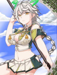 Rule 34 | 10s, 1girl, antlers, asymmetrical hair, bare shoulders, braid, breasts, cleavage, cleavage cutout, clothing cutout, cloud print, green legwear, horns, jitome, kantai collection, large breasts, light smile, looking at viewer, midriff, miniskirt, navel, onmyouji, oukasirayami, pleated skirt, silver hair, single braid, sketch, skirt, solo, unryuu (kancolle), yellow eyes
