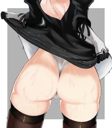 Rule 34 | 1girl, ass, ass focus, back, back cutout, black thighhighs, cameltoe, choroidoragon, clothes lift, clothing cutout, dress, dress lift, from behind, grey background, huge ass, leotard, lifting own clothes, nier (series), nier:automata, simple background, skindentation, solo, thick thighs, thighhighs, thighs, two-sided fabric, two-sided skirt, wet, white background, 2b (nier:automata)
