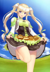 Rule 34 | 1girl, :d, absurdres, bare legs, barefoot, blonde hair, blue sky, bread, breasts, cleavage, corset, day, elf, feet, food, hair ornament, highres, leg up, long hair, medium breasts, open mouth, pointy ears, puffy sleeves, purple eyes, scan, sega, shannon (shining ark), shanon milfy, shining (series), shining ark, shirt, skirt, skirt basket, skirt hold, sky, smile, solo, taut clothes, taut shirt, tony taka, turtleneck, twintails, vest