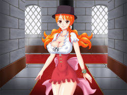 Rule 34 | 1girl, breasts, cleavage, large breasts, long hair, nami (one piece), nami (one piece) (whole cake island), one piece, orange hair, tattoo