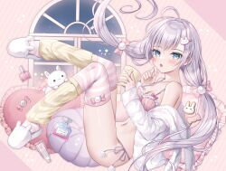 Rule 34 | 1girl, :o, ahoge, animal, animal ears, animal hood, animal slippers, blue eyes, blue panties, blush, bow, bow bra, bra, breasts, bunny slippers, candy, candy wrapper, cleavage, commentary request, cup, diagonal stripes, fake animal ears, frilled pillow, frills, grey hair, hair between eyes, hair ornament, hairclip, hands up, heart, heart-shaped pillow, holding, holding cup, hood, hood down, hooded jacket, jacket, kohinata hoshimi, leg up, leg warmers, long hair, long sleeves, looking at viewer, low twintails, medium breasts, mug, nail polish bottle, navel, off shoulder, open clothes, open jacket, original, panties, parted lips, pillow, pink bra, rabbit, rabbit ears, rabbit hair ornament, rabbit hood, side-tie panties, sleeves past wrists, slippers, solo, striped background, striped clothes, striped thighhighs, thighhighs, twintails, underwear, very long hair, white footwear, white jacket, window, wrapped candy