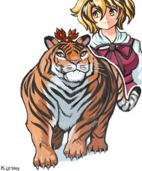 Rule 34 | 1girl, absurdres, black hair, blonde hair, breasts, claws, commentary, dated, english commentary, hair ornament, highres, looking to the side, medium breasts, multicolored hair, profitshame, signature, simple background, tiger, toramaru shou, toramaru shou (tiger), touhou, two-tone hair, white background, yellow eyes