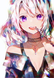 Rule 34 | 1girl, bad id, bad pixiv id, bare shoulders, black dress, collarbone, commentary, dress, flat chest, flower (vocaloid), fork, highres, holding, holding fork, jewelry, karanagare, lace collar, long hair, looking at viewer, nail polish, necklace, ponytail, purple eyes, purple nails, smile, solo, tongue, tongue out, upper body, utensil in mouth, vocaloid, white background, white hair