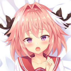 Rule 34 | 1boy, astolfo (fate), astolfo (sailor paladin) (fate), bad id, bad pixiv id, bed sheet, black bow, blush, bow, child, clenched hand, close-up, collarbone, commentary request, d:, dakimakura (medium), dot nose, fang, fate/apocrypha, fate/grand order, fate (series), from above, hair bow, hair intakes, half-closed eyes, hand up, head tilt, lips, long hair, looking at viewer, lying, male focus, multicolored hair, nanohana kohina, official alternate costume, on back, open mouth, pink hair, portrait, purple eyes, raised eyebrows, red sailor collar, sailor collar, school uniform, serafuku, shirt, short sleeves, skin fang, solo, streaked hair, trap, two-tone hair, white hair, white shirt
