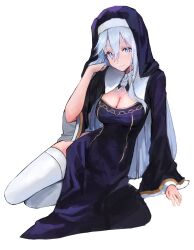 Rule 34 | 1girl, 86 -eightysix-, absurdres, alternate costume, arm support, black dress, breasts, cleavage, closed mouth, dress, full body, habit, hair between eyes, hand up, highres, kaze 22, leaning to the side, long hair, looking at viewer, medium breasts, nun, simple background, sitting, solo, thighhighs, very long hair, vladilena millize, white background, white eyes, white hair, white thighhighs, wide sleeves