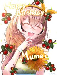 Rule 34 | 1girl, ahoge, alternate costume, berry, brown hair, closed eyes, crossed bangs, dress, english text, fingernails, flower, happy birthday, highres, hololive, hololive english, laughing, light particles, lily lily, multicolored hair, nanashi mumei, smile, streaked hair, sundress, sunflower, teeth, upper teeth only, virtual youtuber, yellow dress