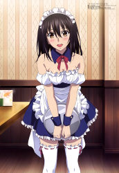 Rule 34 | 10s, 1girl, :d, absurdres, apron, bare shoulders, blue skirt, blush, breasts, breasts squeezed together, brown eyes, brown hair, collarbone, cowboy shot, detached collar, detached sleeves, frilled apron, frilled skirt, frills, hair between eyes, hashimoto maki, highres, himeragi yukina, holding, holding tray, indoors, leaning forward, long hair, looking at viewer, maid, maid headdress, medium breasts, medium skirt, megami magazine, menu, official art, open mouth, red ribbon, ribbon, ribbon-trimmed legwear, ribbon trim, round teeth, sash, scan, skirt, smile, solo, standing, strapless, strike the blood, table, teeth, thighhighs, tray, v arms, wainscoting, waitress, wallpaper (object), white thighhighs, wooden floor, wrist cuffs, zettai ryouiki