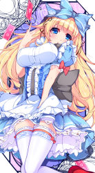 Rule 34 | 1girl, alice (alice in wonderland), alice in wonderland, blonde hair, blue eyes, bow, breasts, card, dress, hair bow, highres, impossible clothes, impossible dress, juliet sleeves, large breasts, long hair, long sleeves, minamon (vittel221), original, puffy sleeves, solo, thighhighs, very long hair, white thighhighs, zettai ryouiki