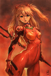 Rule 34 | 1girl, bident, blue eyes, brown hair, cowboy shot, dated, hair between eyes, hand on own thigh, kizhod, lance of longinus (evangelion), long hair, neon genesis evangelion, parted bangs, plugsuit, polearm, revision, skin tight, solo, souryuu asuka langley, standing, twintails, two side up
