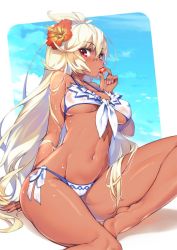 Rule 34 | 1girl, ahoge, arm at side, arm support, bare legs, barefoot, bikini, breasts, dark-skinned female, dark skin, facing away, flower, food, front-tie bikini top, front-tie top, fruit, granblue fantasy, hair between eyes, hair flower, hair ornament, hand up, hibiscus, hong (white spider), large breasts, lips, long hair, looking at viewer, mouth hold, nail polish, navel, outside border, red eyes, side-tie bikini bottom, sitting, solo, strawberry, swimsuit, underboob, very long hair, wet, wet clothes, wet swimsuit, white bikini, white hair, yokozuwari, zooey (granblue fantasy), zooey (summer) (granblue fantasy)
