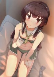 Rule 34 | 1girl, blush, breasts, brown eyes, brown hair, character request, closed mouth, condom, condom packet strip, condom wrapper, downblouse, from above, frown, green panties, highres, long hair, nipple slip, nipples, on bed, panties, pillow, sailor collar, sitting, small breasts, solo, toji no miko, tsurime, underwear, yuzf