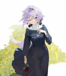 Rule 34 | 1girl, bad id, bad twitter id, black bow, black dress, bow, breasts, copyright request, cross, cross necklace, dress, flower, grass, hair between eyes, hair bow, hair ornament, hairclip, hand up, highres, holding, holding flower, jewelry, long hair, long sleeves, looking at viewer, medium breasts, necklace, nun, ohisashiburi, one eye closed, purple hair, red flower, red rose, rose, solo, traditional nun, white background, yellow flower
