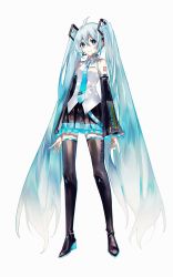 Rule 34 | 1girl, absurdres, ahoge, aqua hair, bare shoulders, black footwear, black skirt, blue eyes, blue hair, blue nails, blue necktie, blush, boots, closed mouth, collar, collared shirt, detached sleeves, full body, hair between eyes, hair ornament, hatsune miku, headphones, headset, highres, lips, long hair, long sleeves, looking at viewer, nail polish, necktie, number tattoo, nura orimoto, shirt, shoulder tattoo, simple background, skirt, smile, solo, standing, tattoo, thigh boots, thighhighs, twintails, very long hair, vocaloid, white background, white shirt, wide sleeves, zettai ryouiki