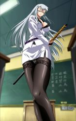 Rule 34 | 00s, 10s, 1girl, absurdres, belt, breasts, chouun shiryuu, cleavage, closed eyes, glasses, grey hair, highres, ikkitousen, ikkitousen xtreme xecutor, indoors, katana, screencap, solo, stitched, sword, teacher, thighhighs, third-party edit, weapon