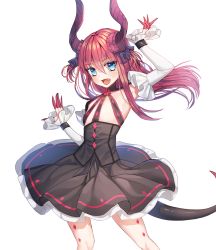 Rule 34 | 1girl, blue eyes, blush, circle skirt, dragon girl, dragon tail, elizabeth bathory (fate), elizabeth bathory (fate/extra ccc), elizabeth bathory (first ascension) (fate), fang, fate (series), horns, long hair, looking at viewer, open mouth, red hair, roang, solo, tail