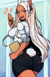 Rule 34 | 1girl, alternate costume, animal ear fluff, animal ears, ass, boku no hero academia, breasts, carrot, collared shirt, cowboy shot, dark-skinned female, dark skin, emphasis lines, fingernails, folder, forehead, half-closed eye, highres, holding, holding carrot, holding folder, indoors, long eyelashes, long hair, long sleeves, looking at viewer, looking back, masgamjya, medium breasts, miniskirt, mirko, nail polish, office lady, open mouth, outline, pantylines, parted bangs, pencil skirt, rabbit ears, rabbit girl, rabbit tail, red eyes, red nails, shiny clothes, shirt, sidelocks, skirt, sleeves rolled up, smile, solo, tail, teeth, thighs, very long hair, walking, white hair, wide hips