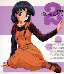Rule 34 | 00s, 1girl, absurdres, arm support, black hair, blue eyes, blush, brown footwear, brown shirt, buttons, comic party, crossed ankles, double-breasted, dress, full body, hair over shoulder, hasebe aya, highres, long hair, long sleeves, looking at viewer, low ponytail, mary janes, orange dress, outstretched arm, pinafore dress, red legwear, scan, scan artifacts, shirt, shoes, simple background, sitting, sleeveless, sleeveless dress, smile, solo, text focus, yokozuwari