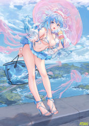 Rule 34 | 1girl, armpit crease, atdan, bag, bare legs, bare shoulders, bikini, blue eyes, blue hair, blue skirt, blue theme, breasts, cleavage, cloud, cloudy sky, collarbone, day, fantasy, feet, food, front-tie bikini top, front-tie top, full body, haiyi, halterneck, hat, high heels, highres, holding, holding food, ice cream, jellyfish, leaning forward, legs, long hair, long legs, long sleeves, looking at viewer, medium breasts, miniskirt, navel, off shoulder, open clothes, open mouth, open shirt, outdoors, pleated skirt, sandals, see-through, shadow, side-tie bikini bottom, skirt, sky, solo, standing, stomach, strap gap, string bikini, swimsuit, synthesizer v, thighs, toes, tongue, untied bikini, wardrobe malfunction, white bikini