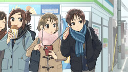 Rule 34 | 1boy, 3girls, black jacket, black scarf, blue coat, blue scarf, blush, brown coat, brown eyes, brown hair, buttons, cellphone, closed eyes, coat, convenience store, day, dot nose, down jacket, earbuds, earphones, facing another, forehead, grey sky, hand in pocket, highres, holding, holding phone, jacket, kojiro337, layered clothes, light brown hair, listening to music, long bangs, long sleeves, looking to the side, medium hair, multiple girls, original, out of frame, outdoors, parted bangs, phone, pink scarf, power lines, scarf, sharing, shop, short hair, short ponytail, sidelocks, signature, sky, smartphone, sweatdrop, upper body, utility pole, winter